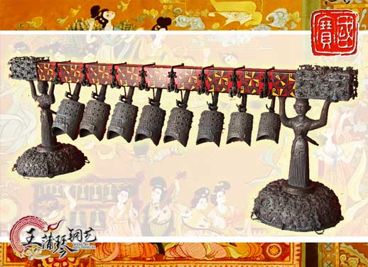 8件古編鐘，銅人銅座裝飾，可發(fā)音